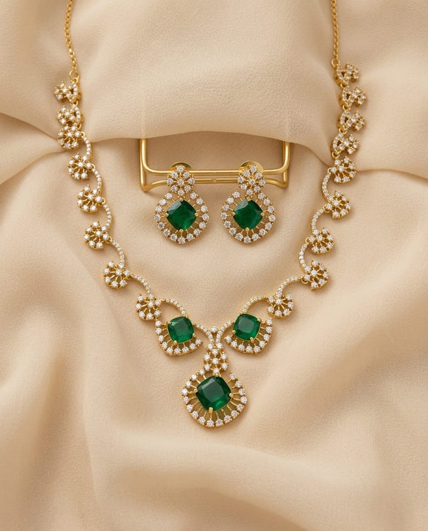 Emerald Stone American Diamond Necklace Set