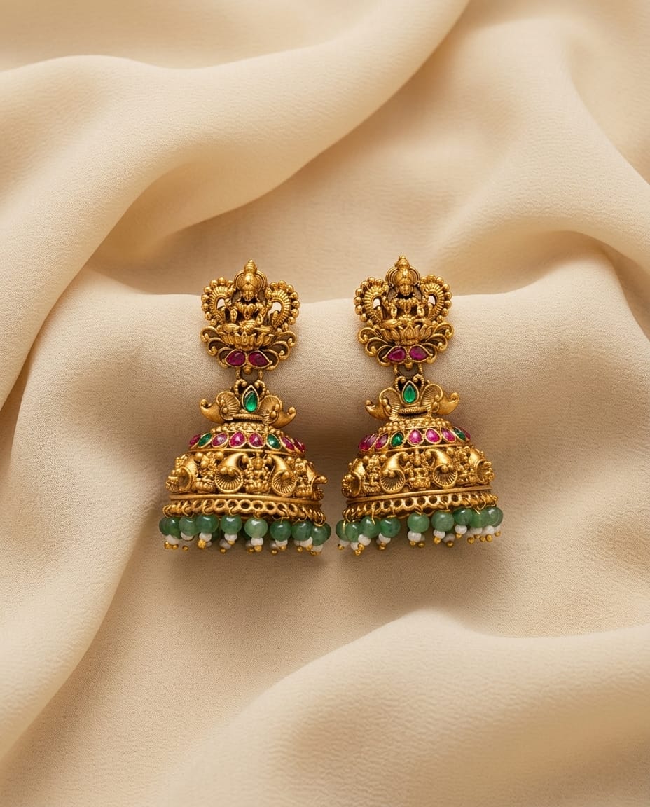 Lakshmi Temple Jhumka Earrings with Green Beads
