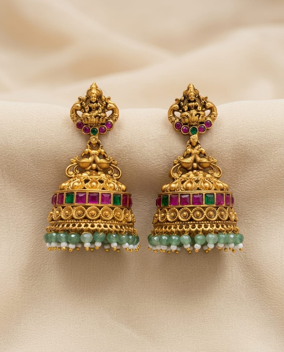 Lakshmi Temple Jhumka Earrings with Bead Drops
