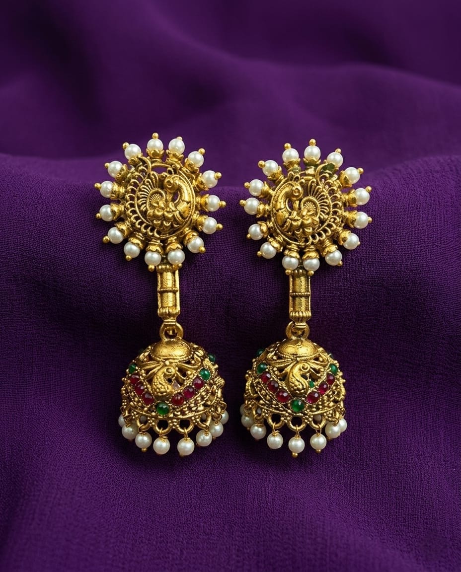 Peacock Pearl Drop Jhumka Earrings