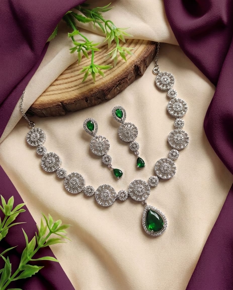 AD Emerald Drop Silver Necklace Set