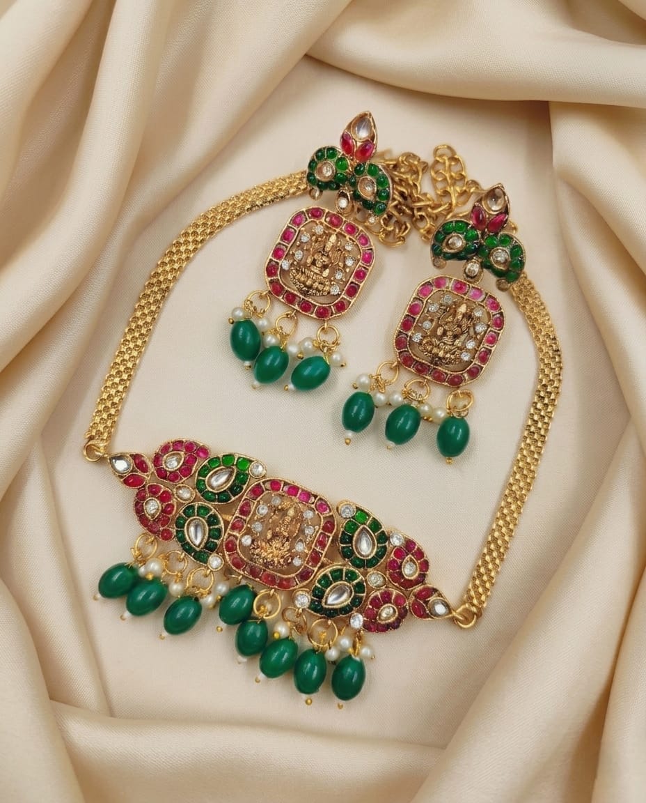 Lakshmi Stone Choker Set with Green Beads
