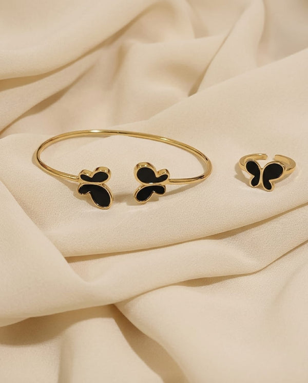 Black Butterfly Bracelet Ring Set - ae