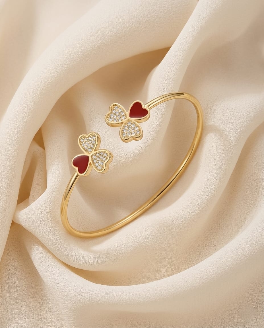 Red Heart Clover Bracelet Ring Set - ae
