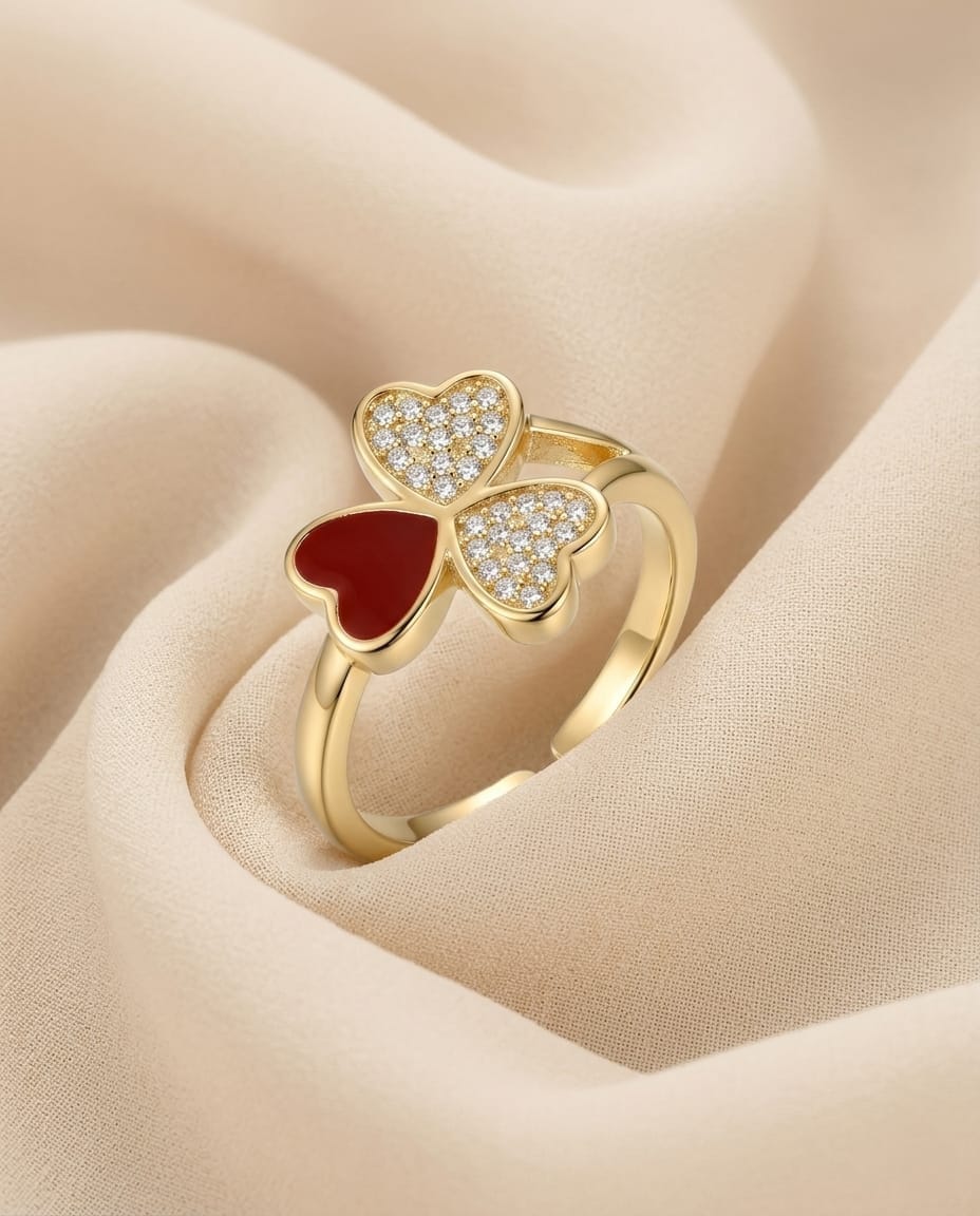 Red Heart Clover Bracelet Ring Set - ae
