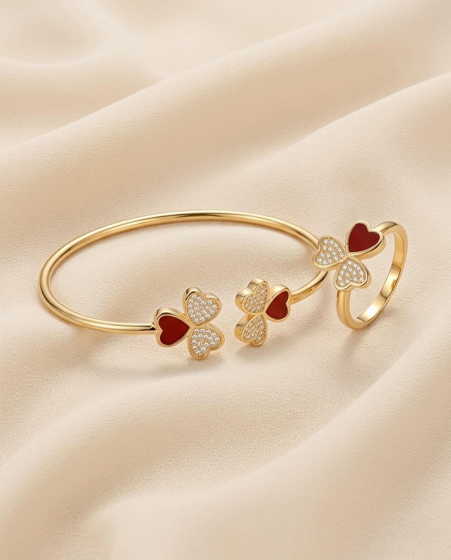 Red Heart Clover Bracelet Ring Set - ae