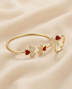 Red Heart Clover Bracelet Ring Set - ae