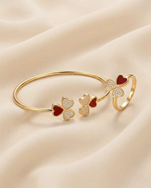 Red Heart Clover Bracelet Ring Set - ae