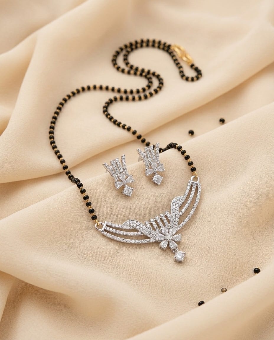 Silver Floral Curve Mangalsutra Set