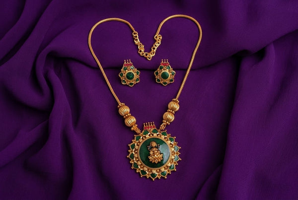 Green Lakshmi Temple Necklace Set - ae