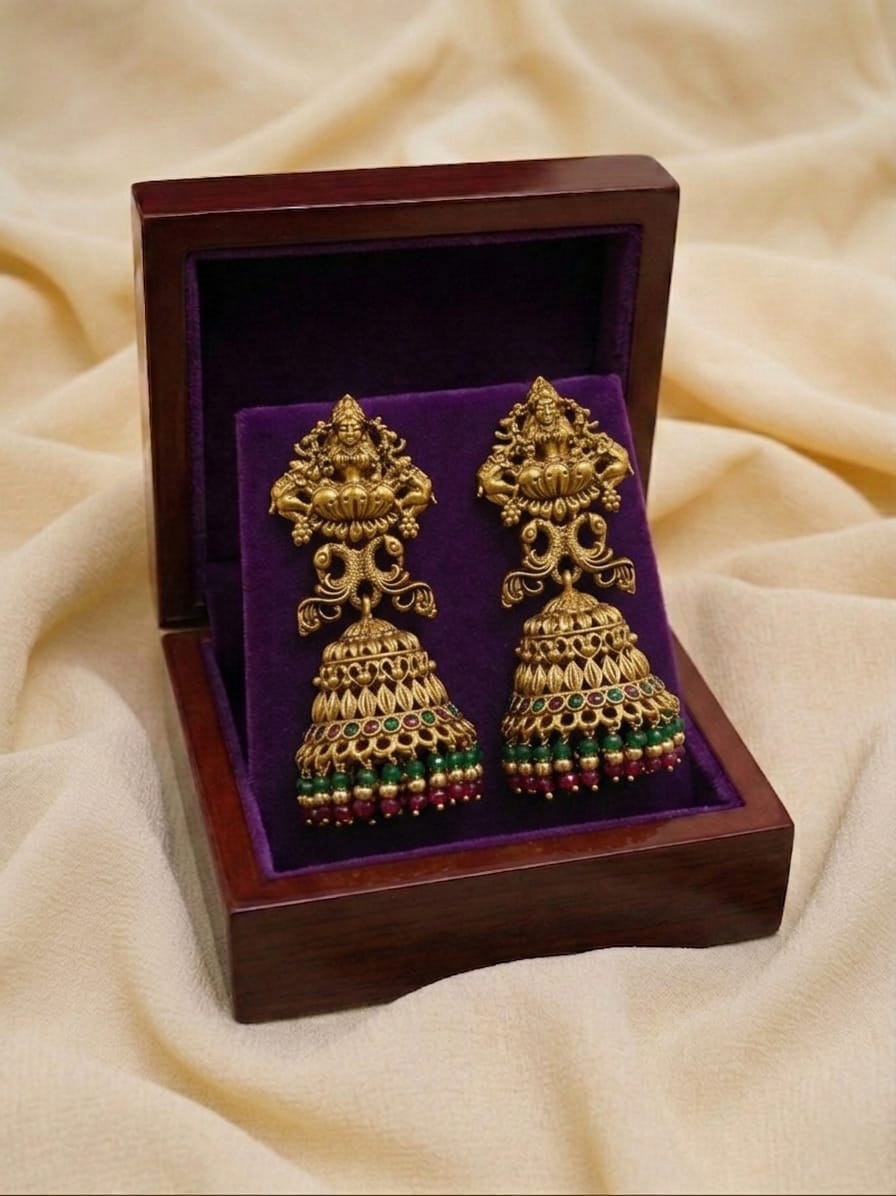 Lakshmi Temple Jhumka Earrings with Multicolor Beads