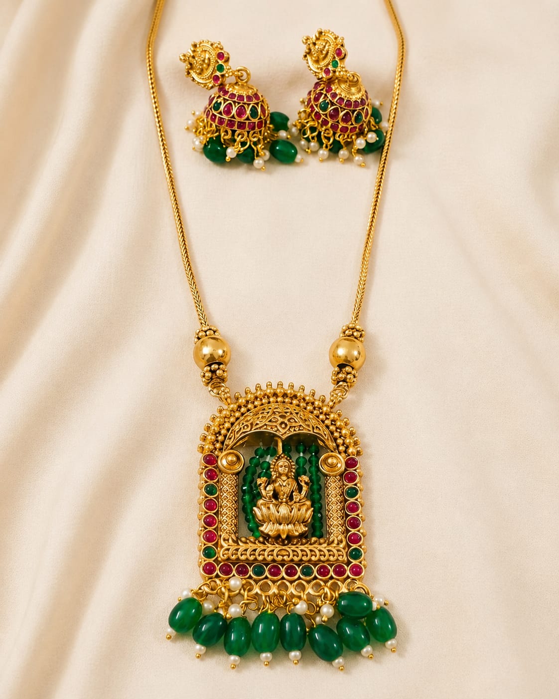 Traditional Lakshmi Pendant Mid-Long Necklace Set