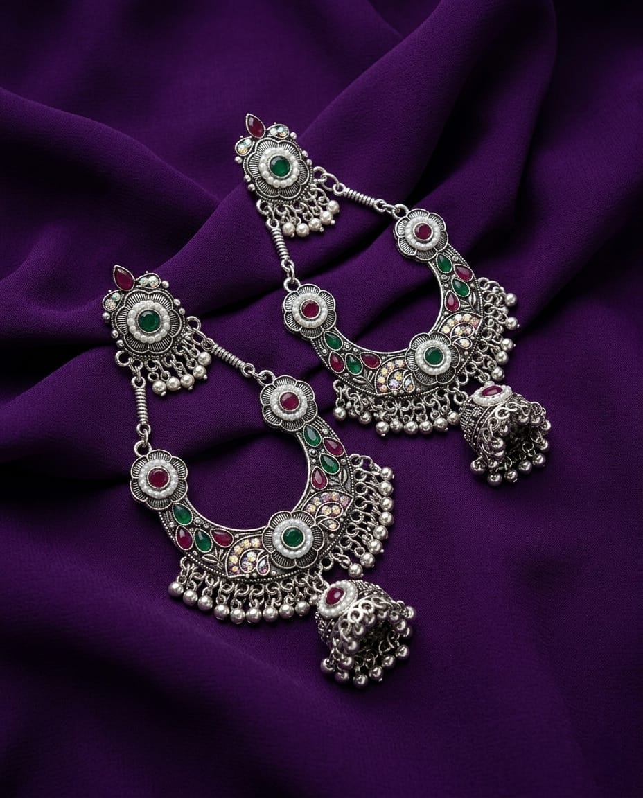 Oxidised Chandbali Jhumka Earrings
