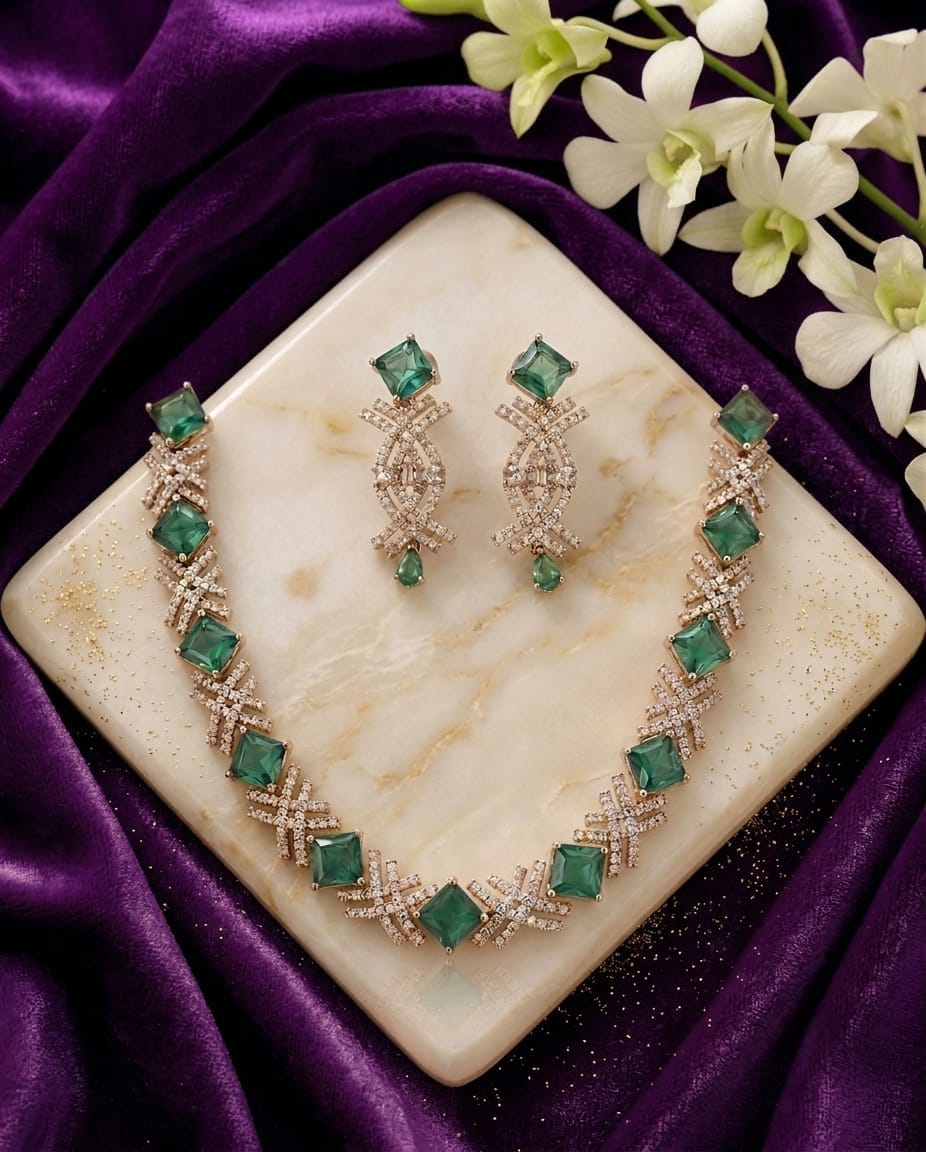 Square Stone American Diamond Necklace Set