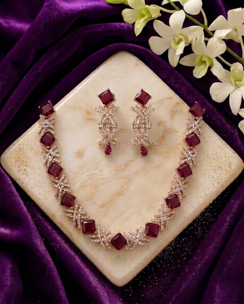 Square Stone American Diamond Necklace Set