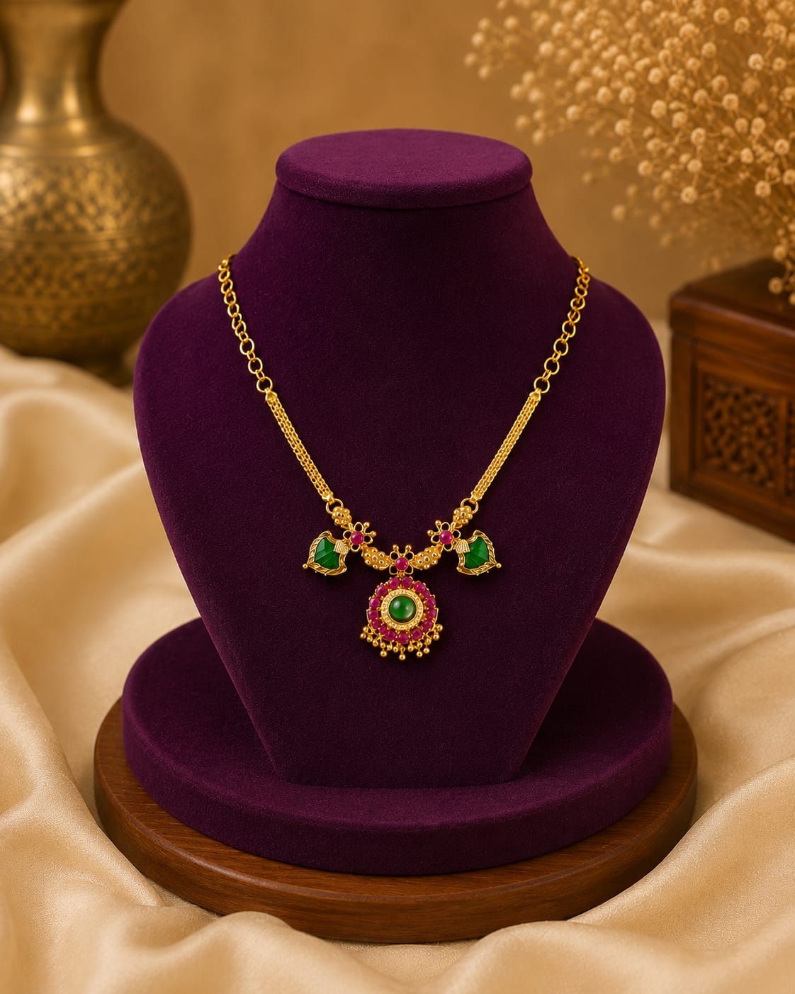 Traditional Palakka Ruby Pendant Necklace