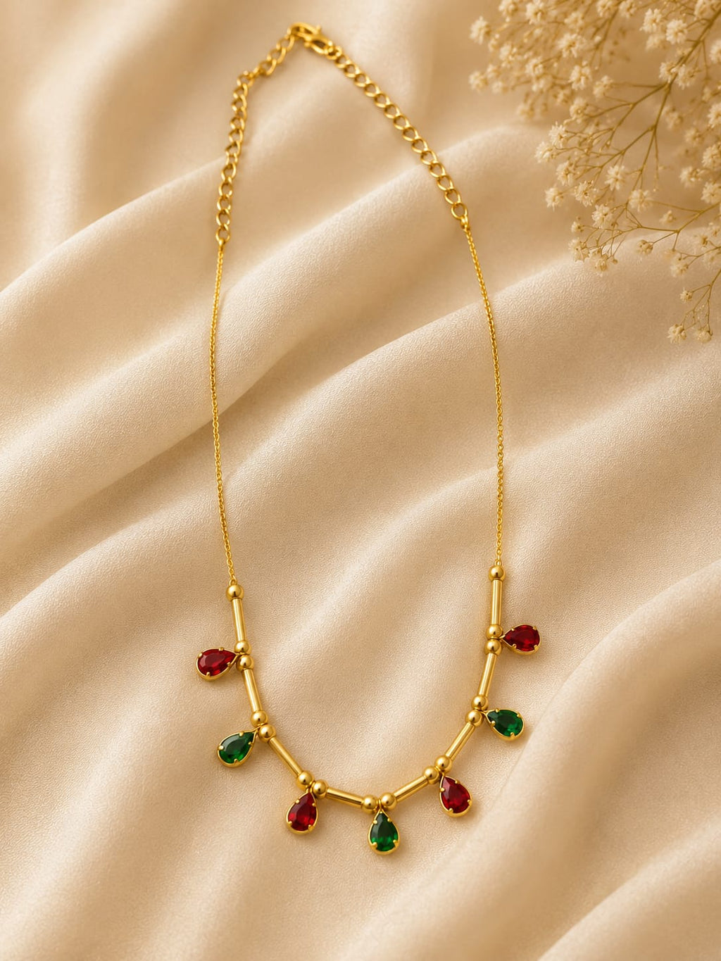 Ruby Emerald Dewdrop Gold-Tone Necklace