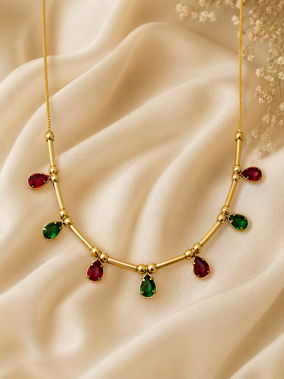 Ruby Emerald Dewdrop Gold-Tone Necklace