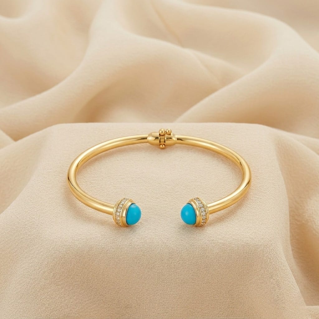 Gold-Tone Blue Stone Open Bangle and Adjustable Ring Set - ae