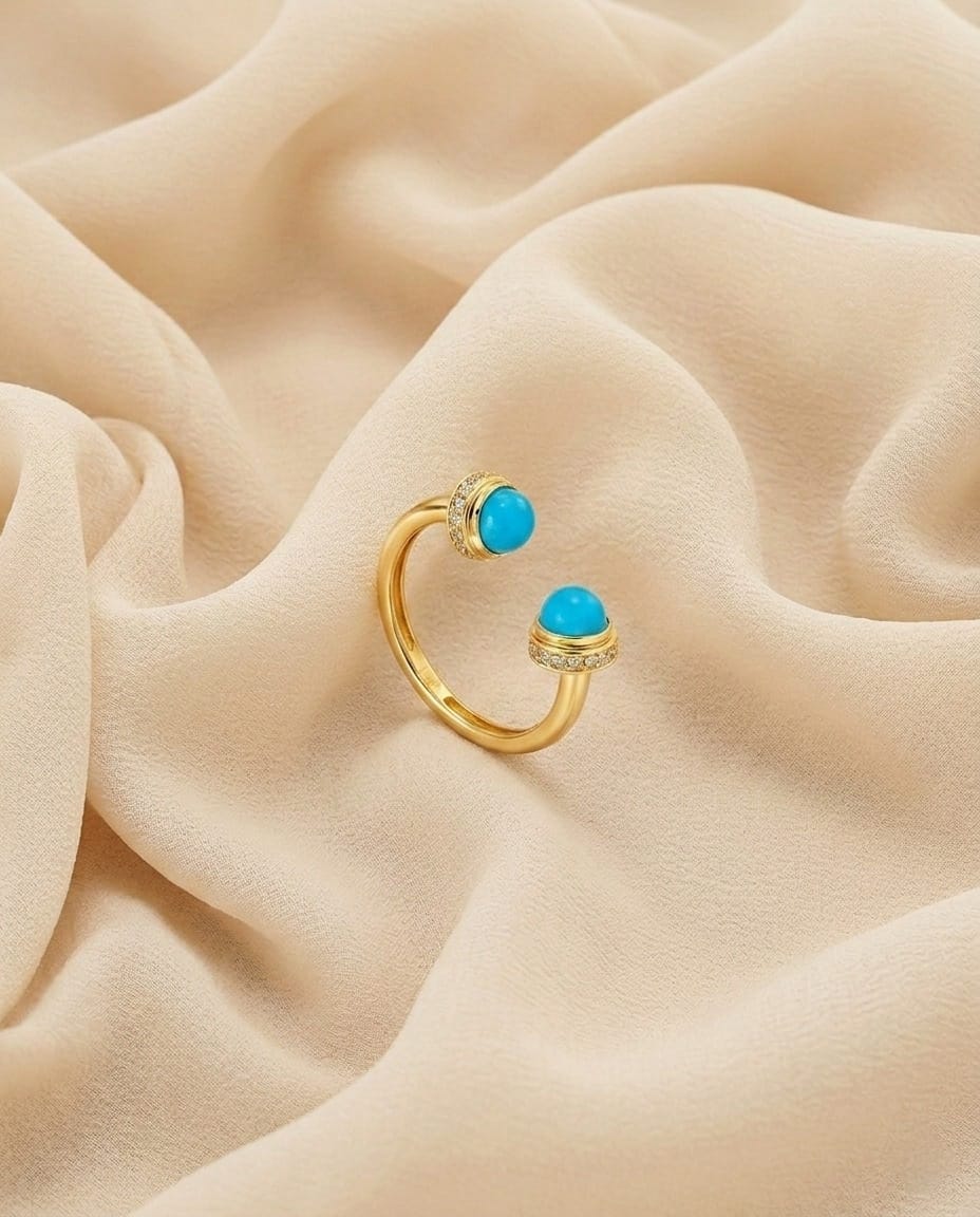 Gold-Tone Blue Stone Open Bangle and Adjustable Ring Set - ae