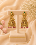 Lakshmi Devi Temple Jhumka Earrings with Ruby and Green Stones