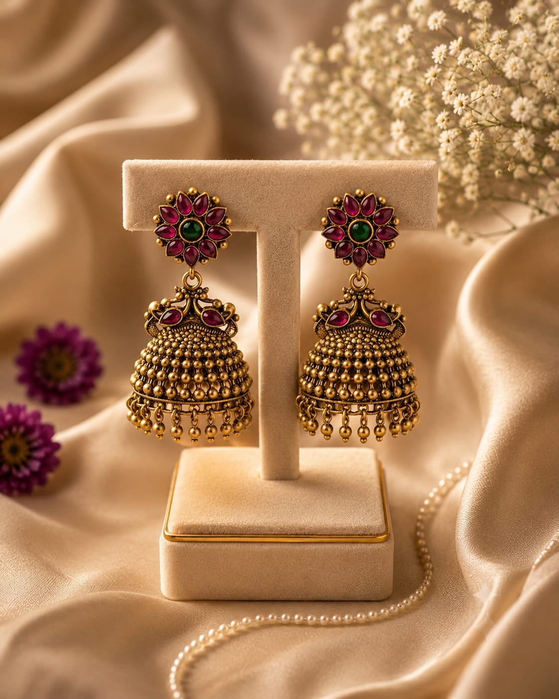 Ruby Floral Antique Jhumka Earrings