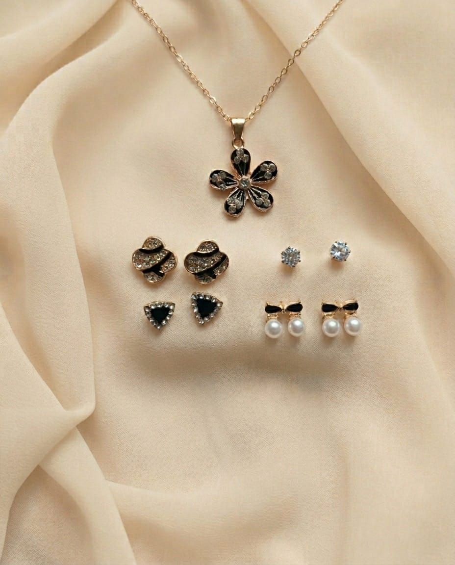 Floral Charm Pendant & Earring Combo Set
