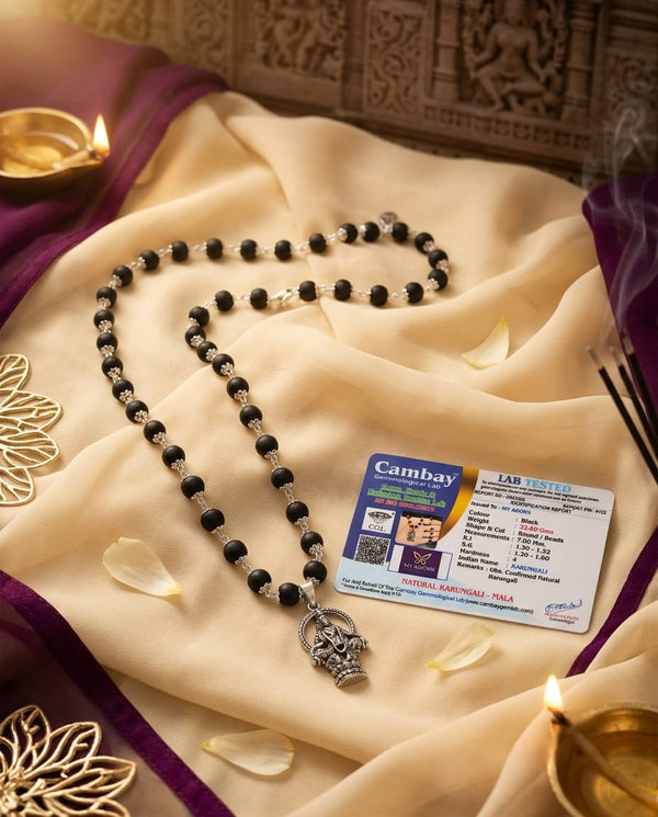 Original 7MM  German Silver Cap Karungali Mala with lord Ayyappa Pendant, 54 Beads, Lab Certified - AE